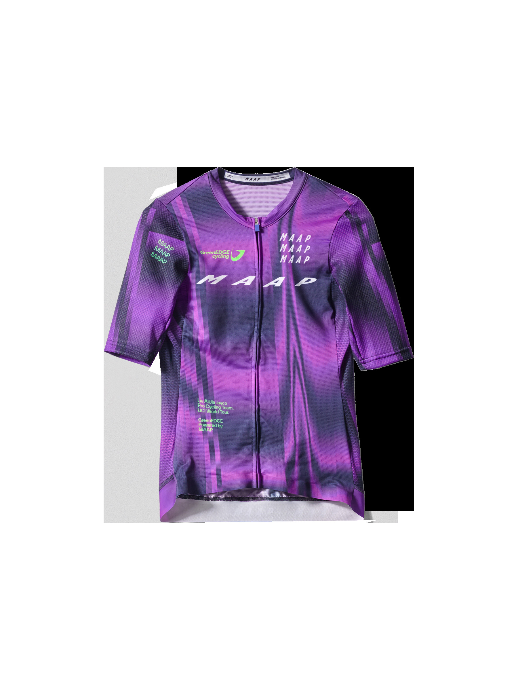 Flat lay of MAAP Women's WorldTour Pro Air Jersey in Aurora Midnight, showcasing its pro-level aerodynamic design and lightweight fabric.