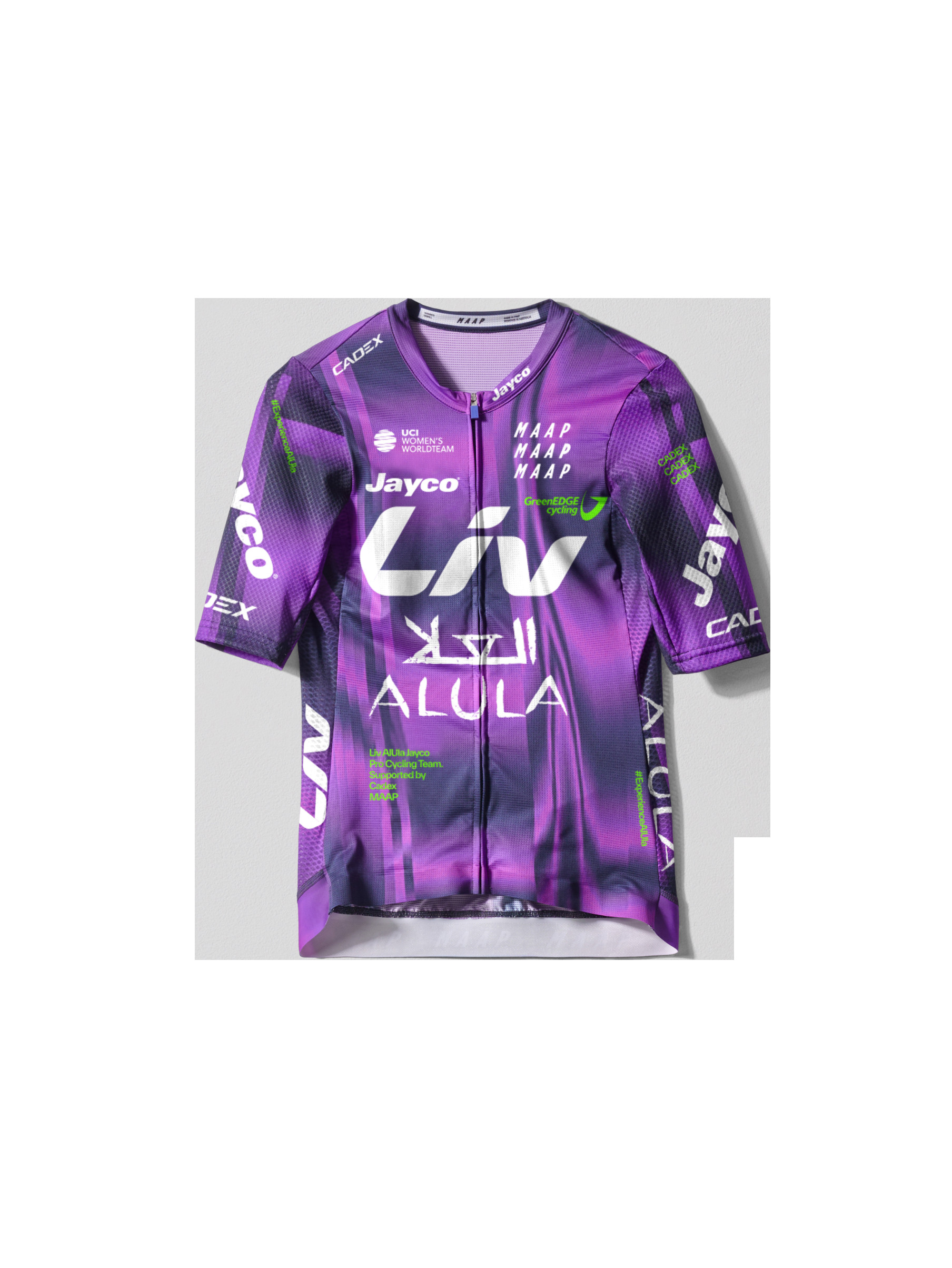 Flat lay of MAAP Women's GreenEDGE Pro Air Jersey in Aurora Midnight, featuring team branding and pro-level air jersey design.