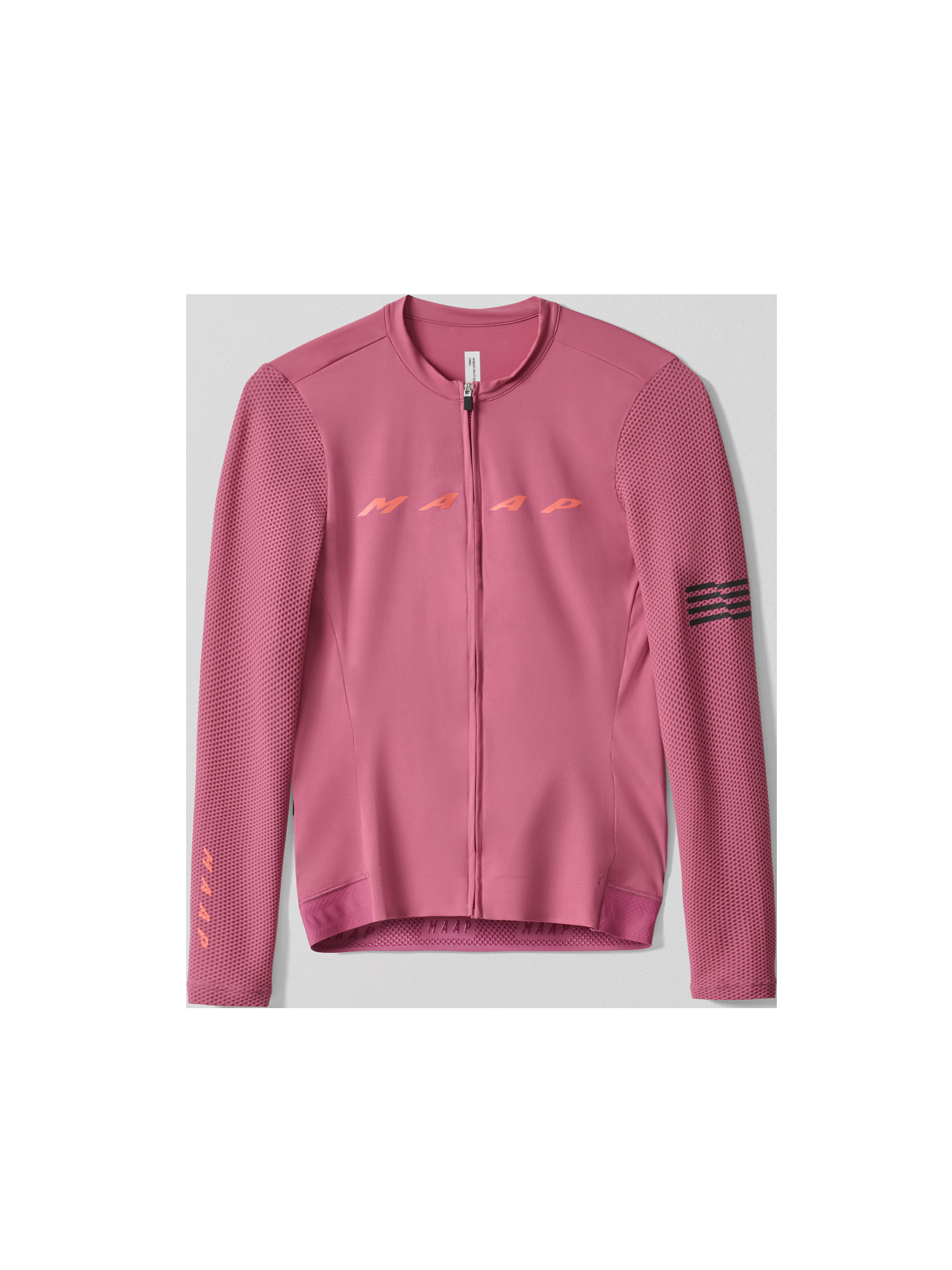 Flat lay of MAAP Women's Evade Pro Base LS Jersey 2.0 in Mauve, showcasing its long sleeves and lightweight fabric.