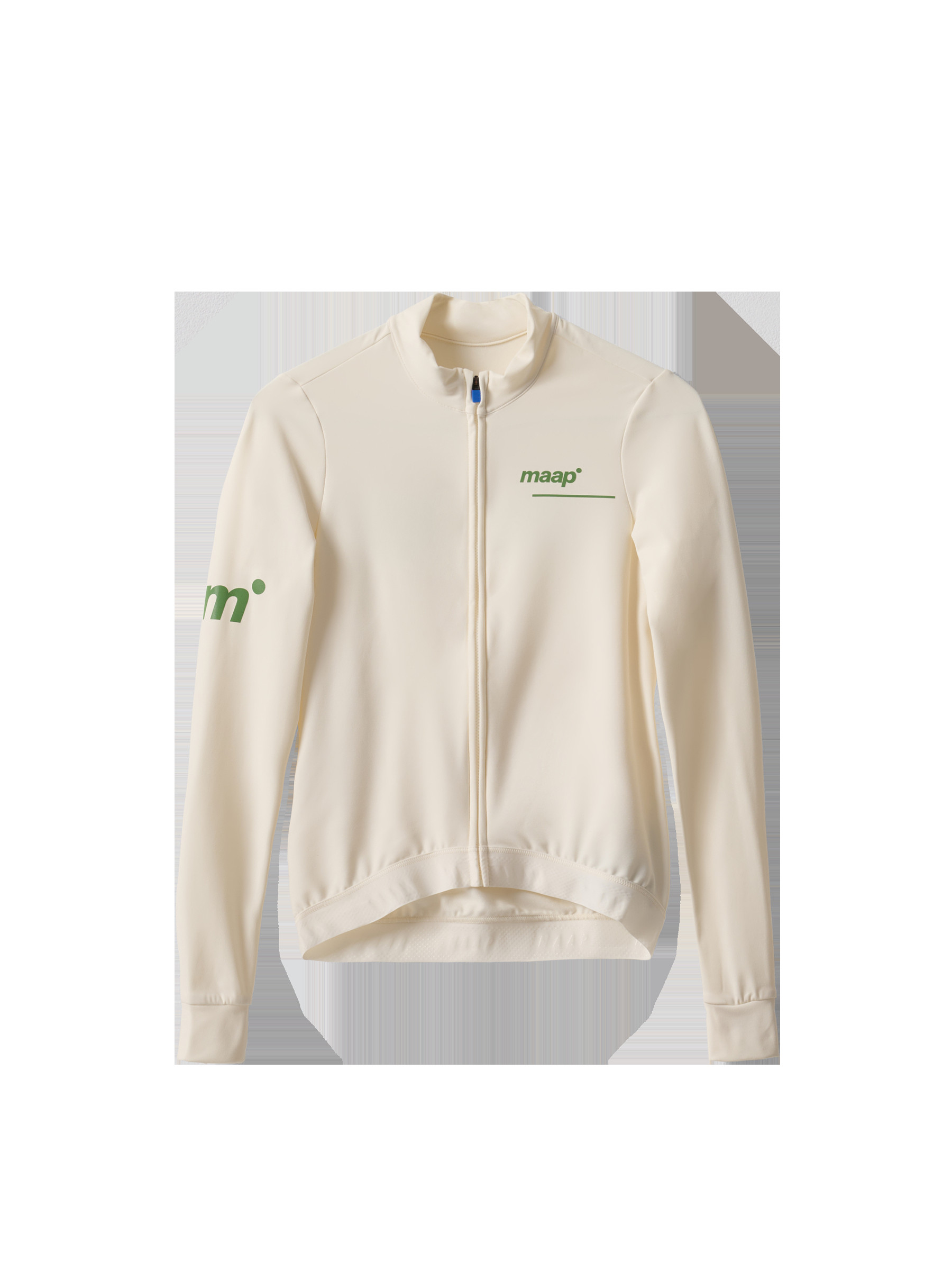 Flat lay of MAAP Women's Training Thermal LS Jersey in Chalk, emphasizing its thermal fabric and comfortable fit for training rides.
