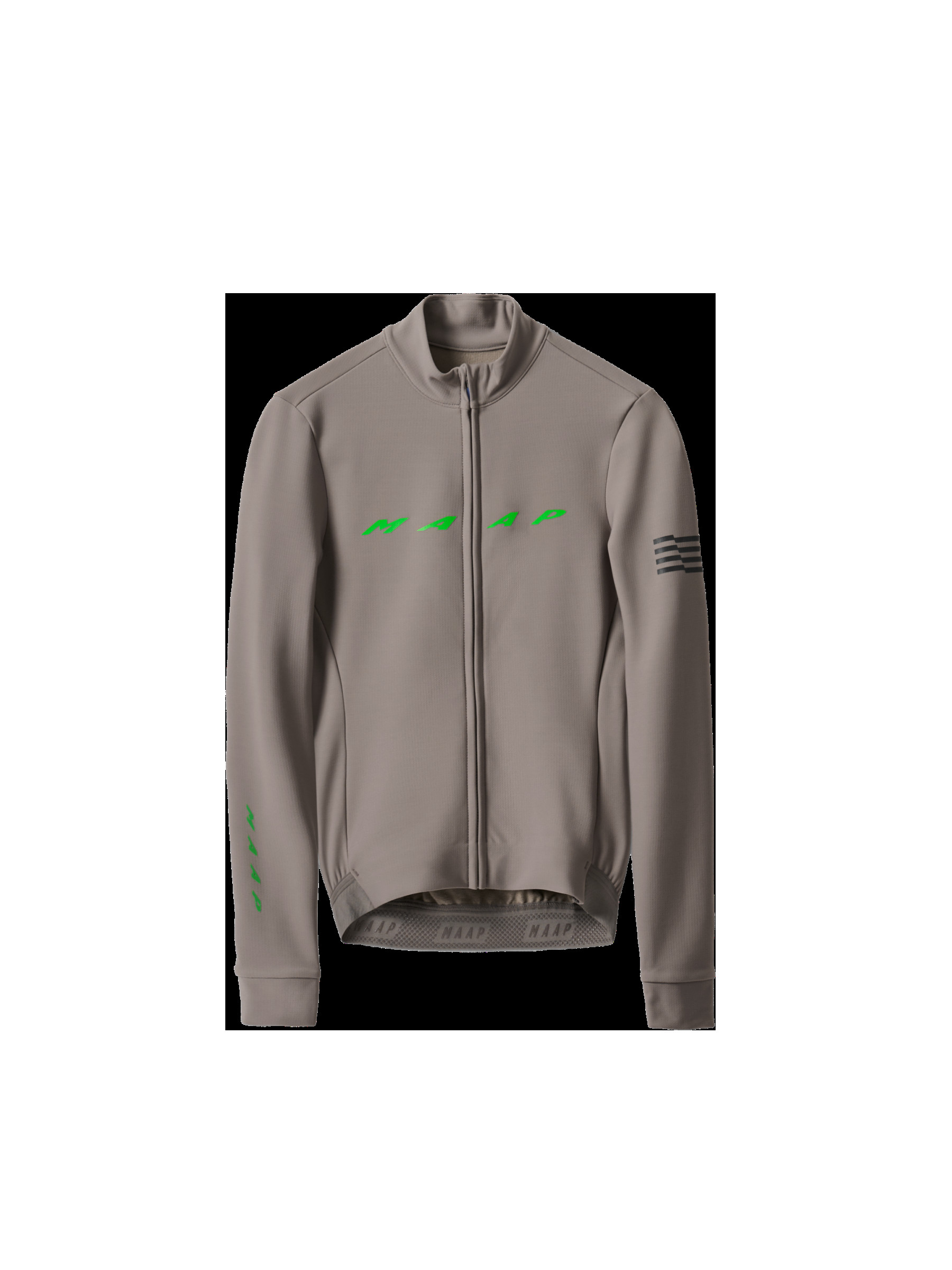 Flat lay of MAAP Women's Evade Thermal LS Jersey 2.0 in Fungi, displaying its thermal fabric and design details for cold weather cycling.
