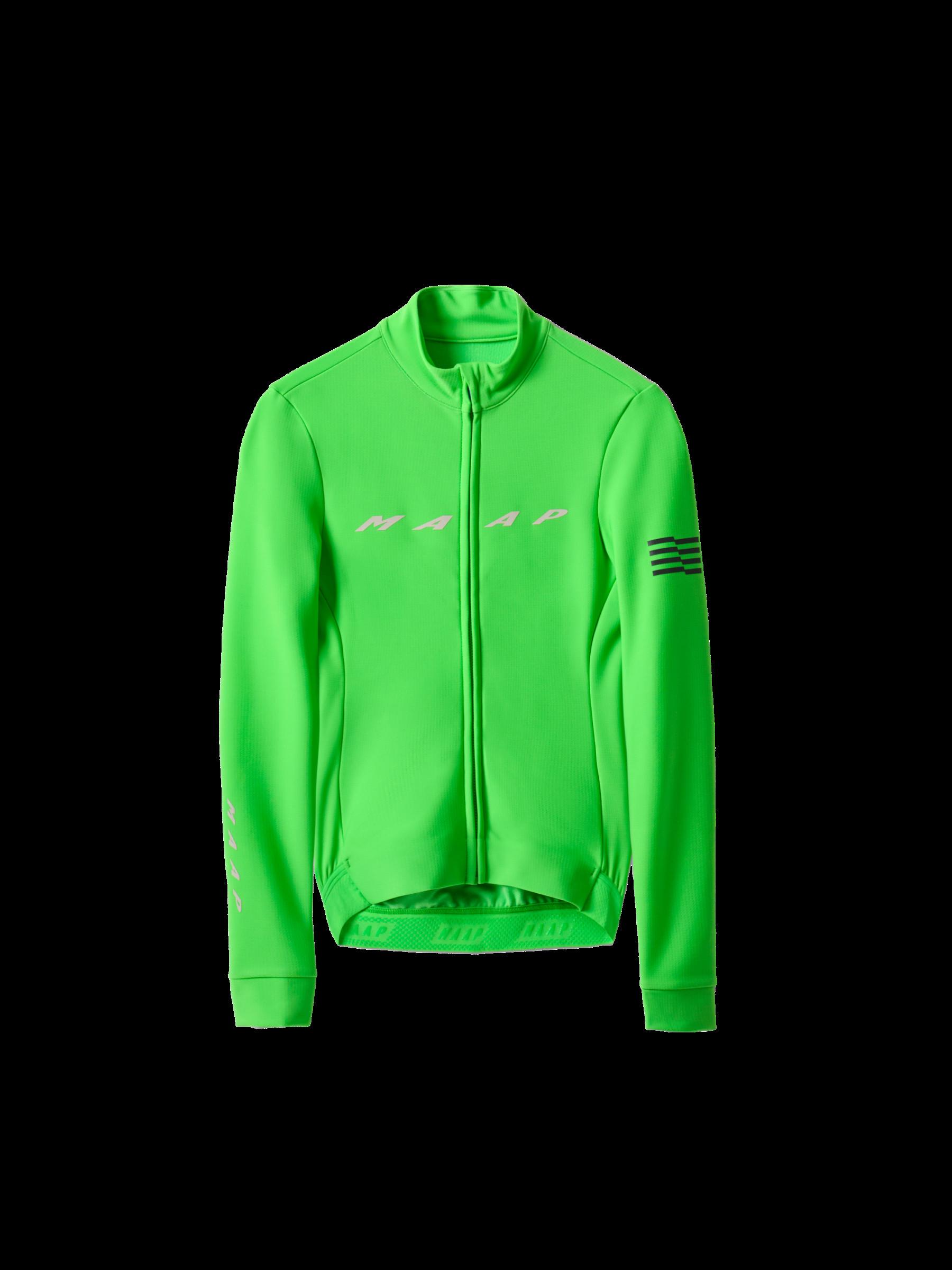 Flat lay of MAAP Women's Evade Thermal LS Jersey 2.0 in Limedrop, showcasing its bright color option for visibility in colder months.