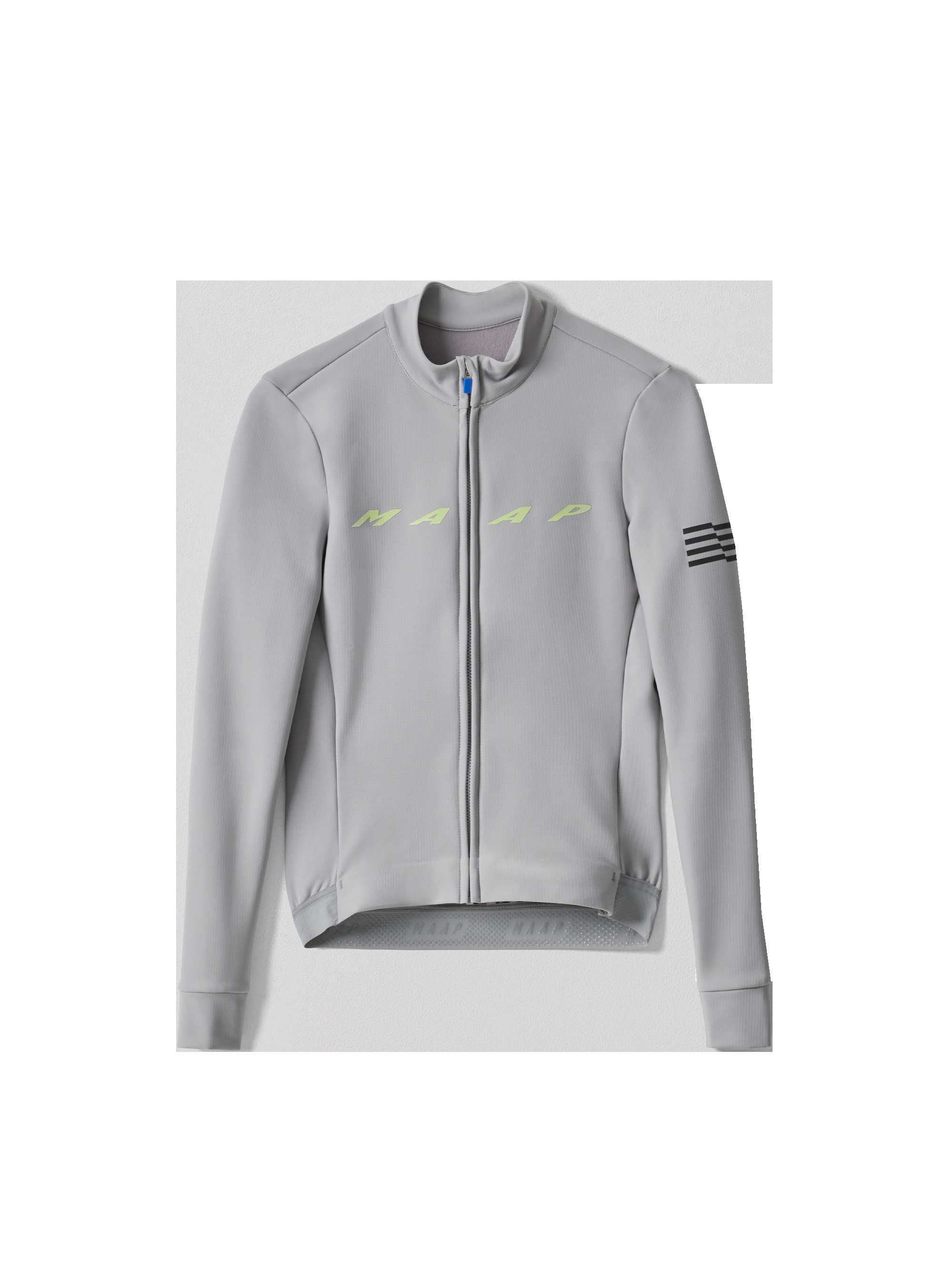 Flat lay of MAAP Women's Evade Thermal LS Jersey 2.0 in Alloy, emphasizing its thermal long sleeves and cold-weather features.