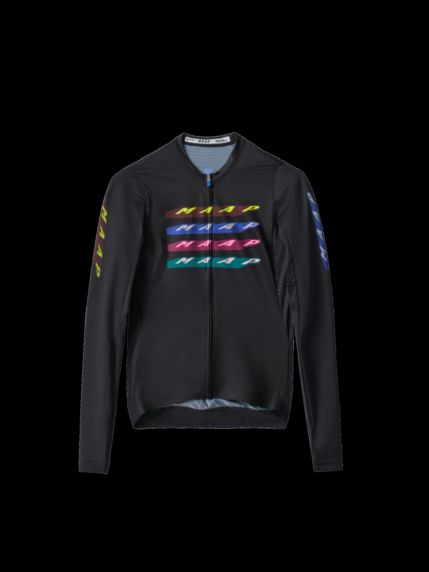 Flat lay of MAAP Women's Evade X Pro Air LS Jersey 2.0 in Black, highlighting its long sleeves and aerodynamic design for pro-level performance.