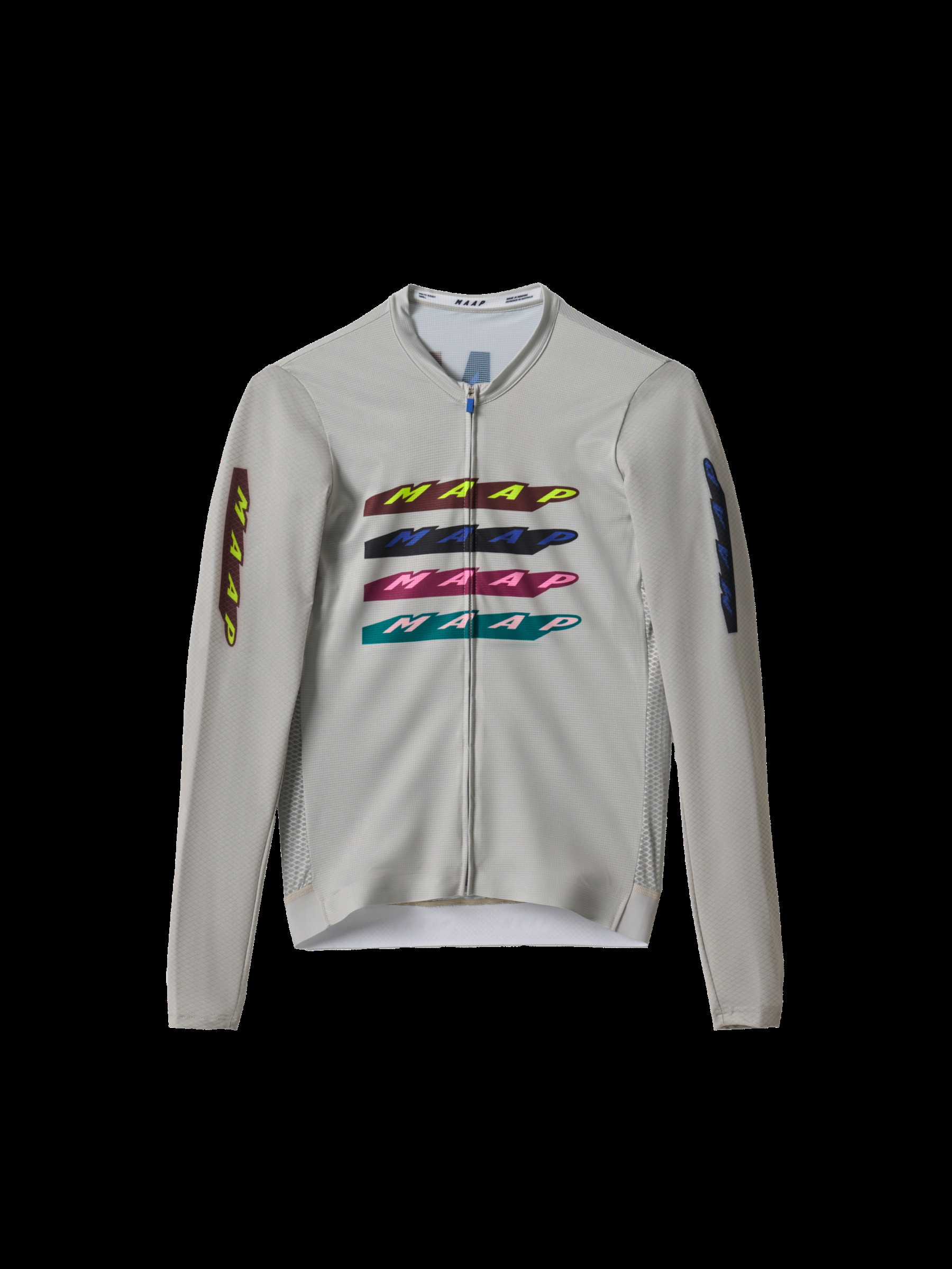 Flat lay of MAAP Women's Evade X Pro Air LS Jersey 2.0 in Fog, displaying its lightweight thermal long sleeves and pro air performance features.