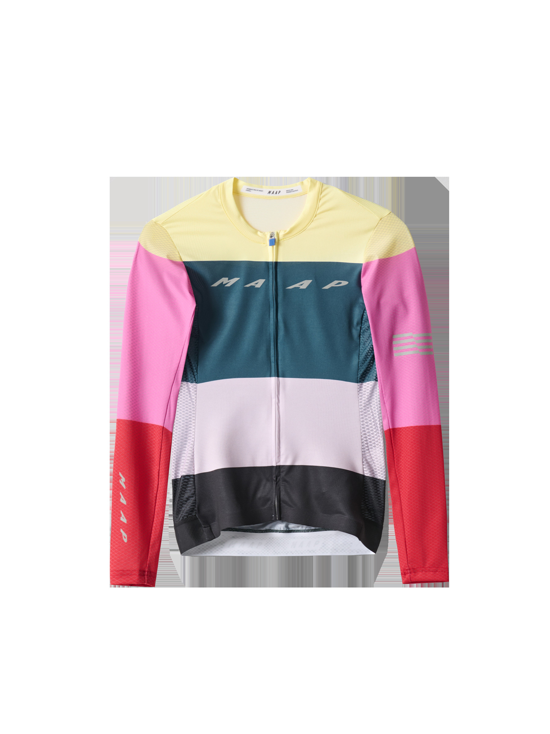 Flat lay of MAAP Women's Level Pro Air LS Jersey 2.0 in Deep Teal Mix, displaying its long sleeves and versatile pro air design.