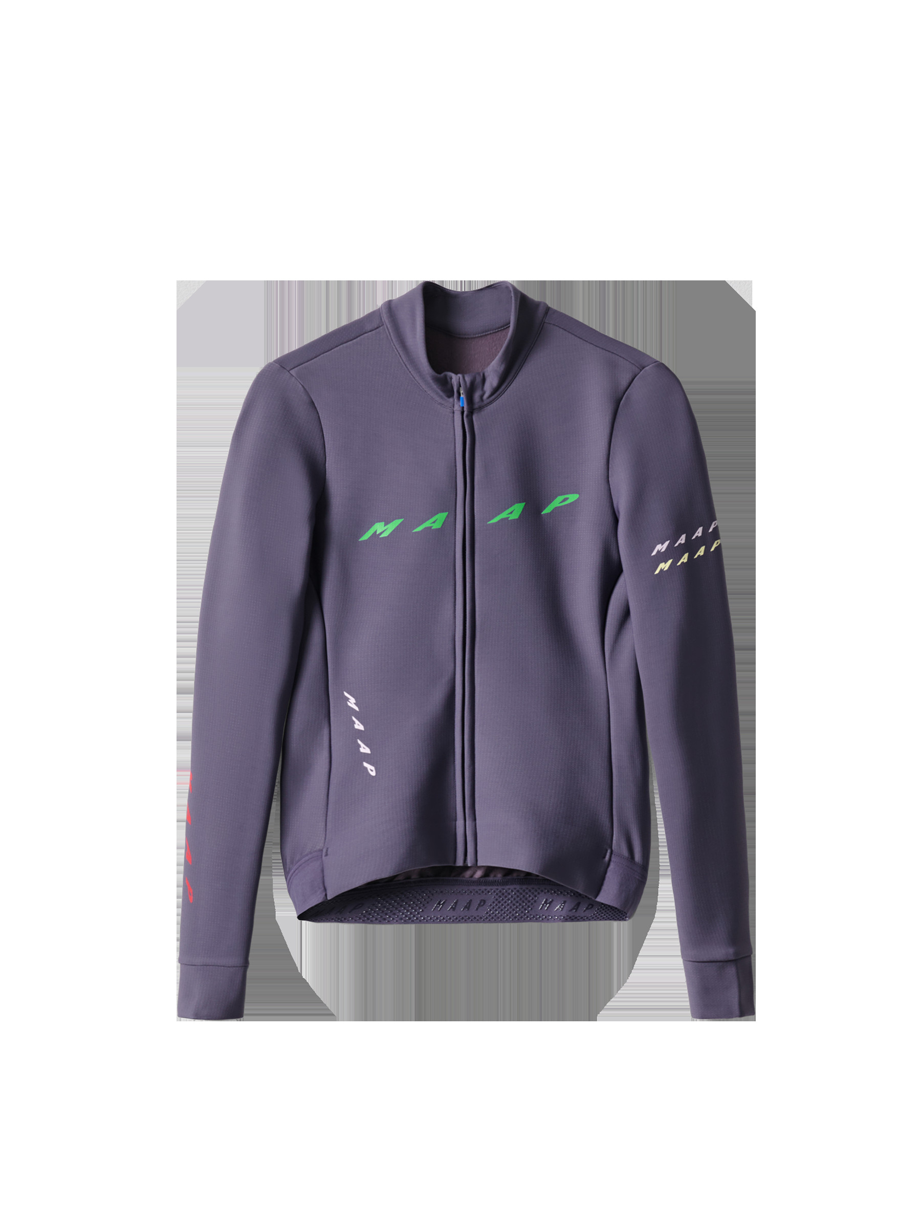 Flat lay of MAAP Women's Level Thermal LS Jersey 2.0 in Blueprint, highlighting its thermal properties and long sleeve design for winter cycling.