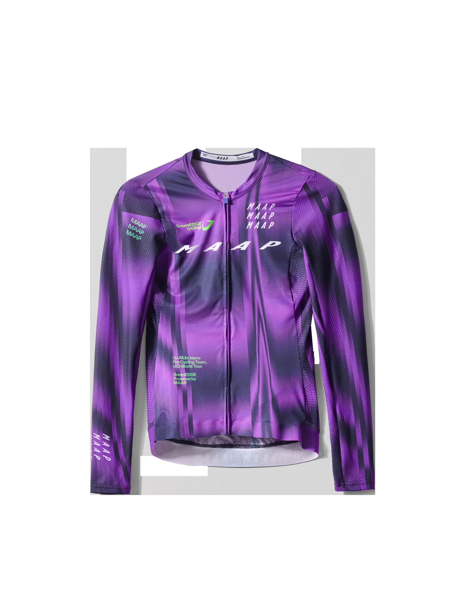 Flat lay of MAAP Women's WorldTour Pro Air LS Jersey in Aurora Midnight, displaying its long sleeves and aerodynamic features for pro cyclists.