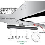 Crank Arm Power Meter Frame Clearance Check: Diagram illustrating the space needed between a bike frame's chainstay and a left-side crank arm power meter for proper installation. Check for at least 10mm clearance for Stages and 4iiii PRECISION 2, and 8mm for PRECISION 3 models to ensure compatibility.