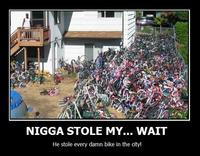 Multiple bikes being stolen in a city, an exaggerated version of the Nigga Stole My Bike meme for comedic effect