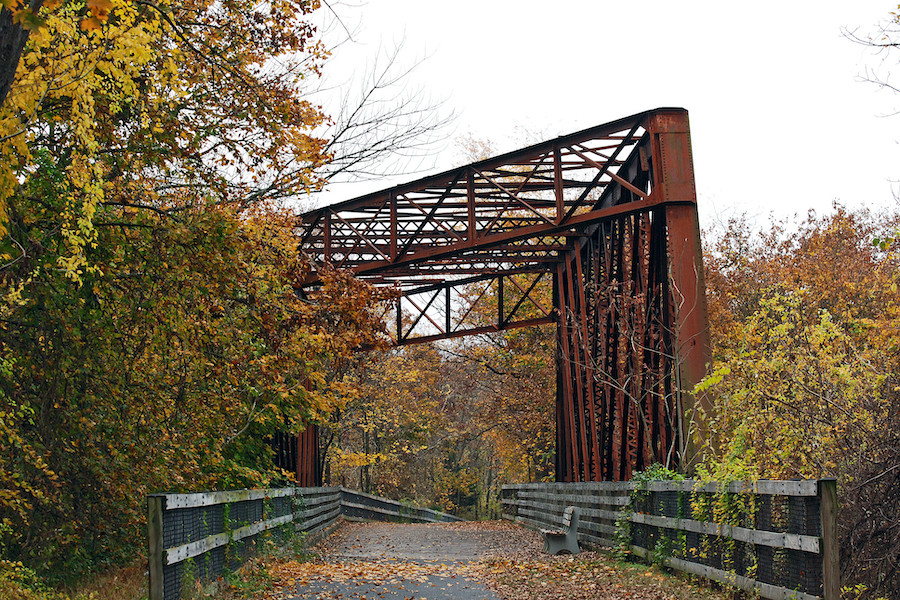 A peaceful scene along the Lebanon Valley Rail-Trail in Pennsylvania, showcasing its smooth, bike-friendly surface.