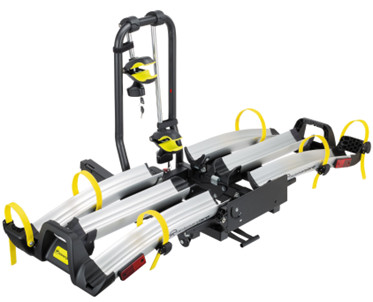 Close-up of the Kilimanjaro hitch mounted e-bike carrier, highlighting the hitch post and platform where cracks may form, as part of a safety recall announcement.