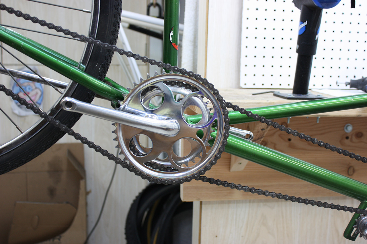 Rear chain installed on the Steve Schwinn bike, completing the drivetrain and gearing system.