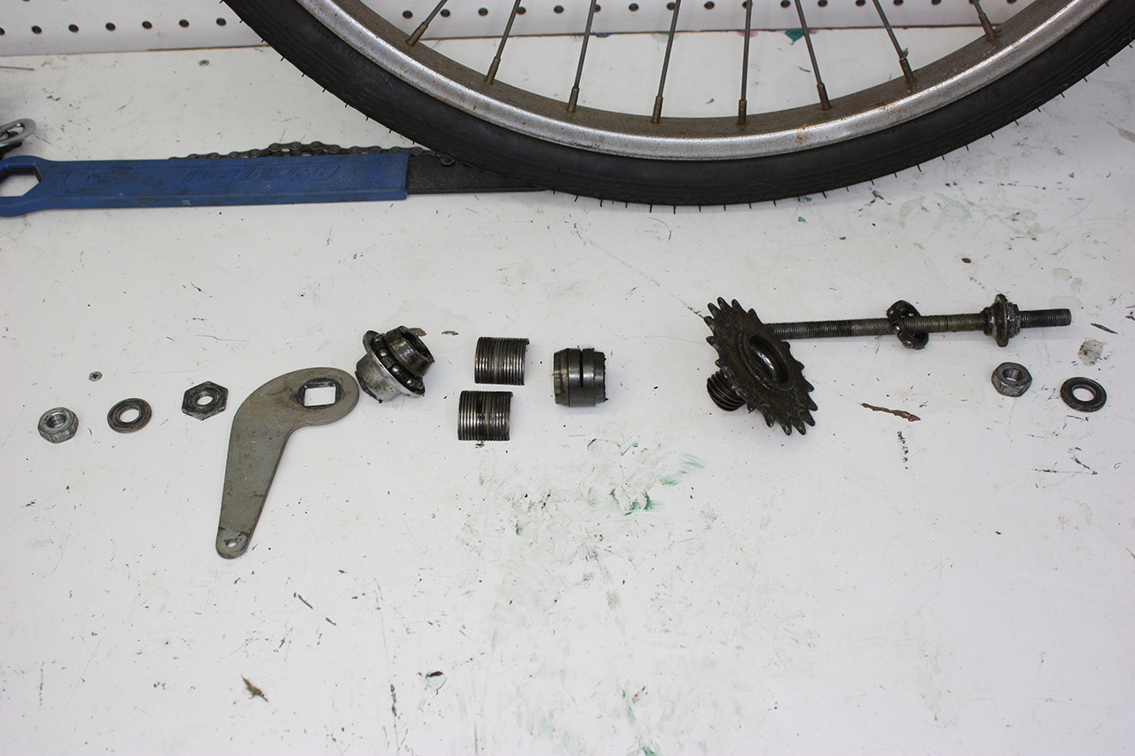 Exploded view of the coaster brake mechanism of the Schwinn Twinn Tandem, ready for cleaning and reassembly.