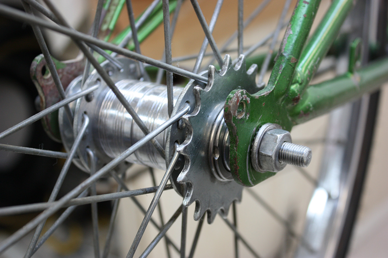 Rear wheel hub and brake system of the Steve Schwinn bike overhauled and ready for tire installation.