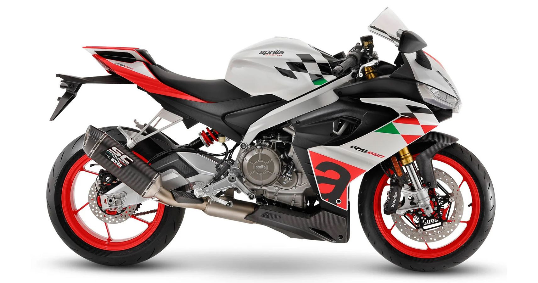 Aprilia RS 660 Extrema in white, parked and showcasing its sharp Italian design and premium components