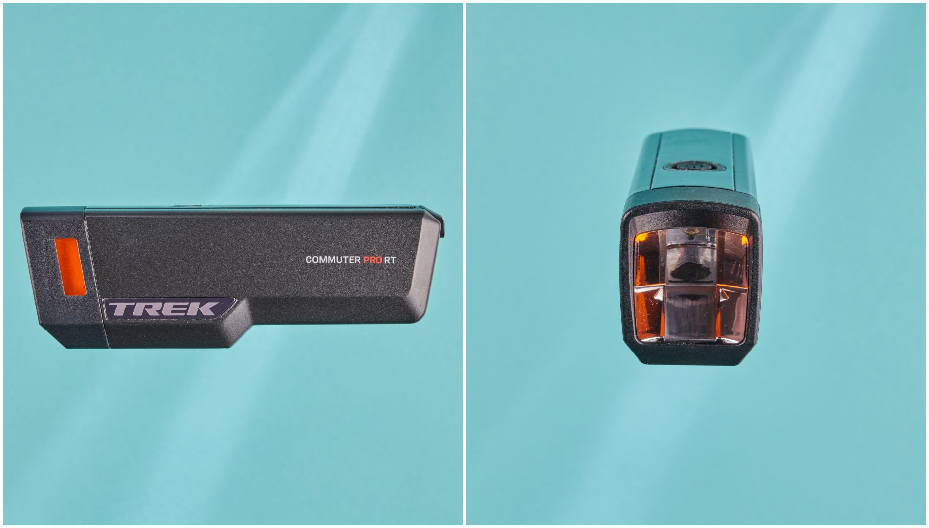 Side and front view of the Trek Commuter Pro RT front bike light, highlighting its lens design