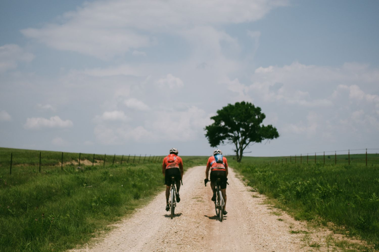 Rider silhouetted against a sunset sky, riding a single speed gravel bike on a dirt road.