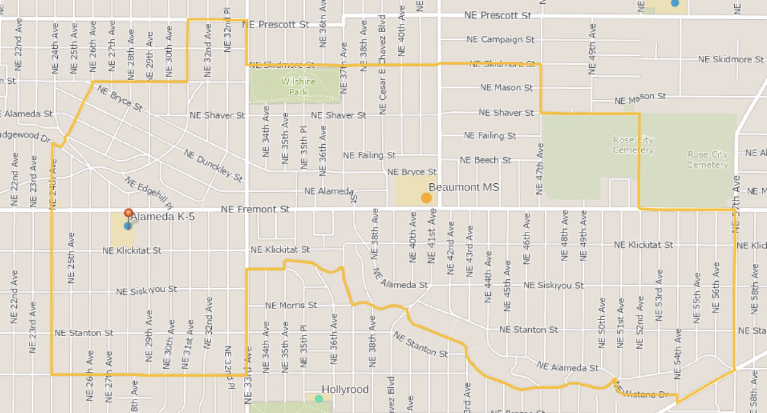 Map showing Alameda Elementary catchment zone used for bike bus route planning in Portland.