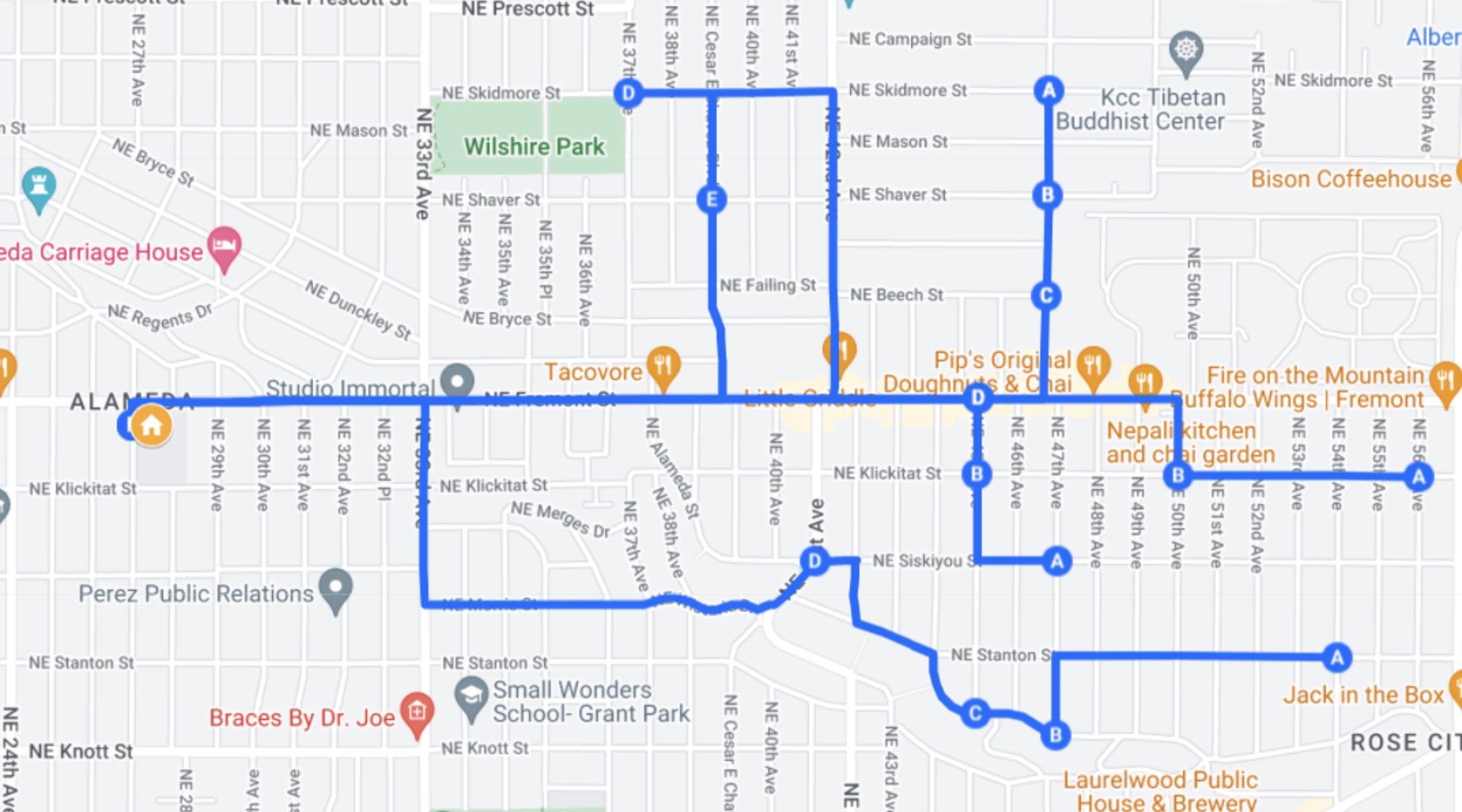 Map illustrating motorized yellow school bus routes in the Portland area.
