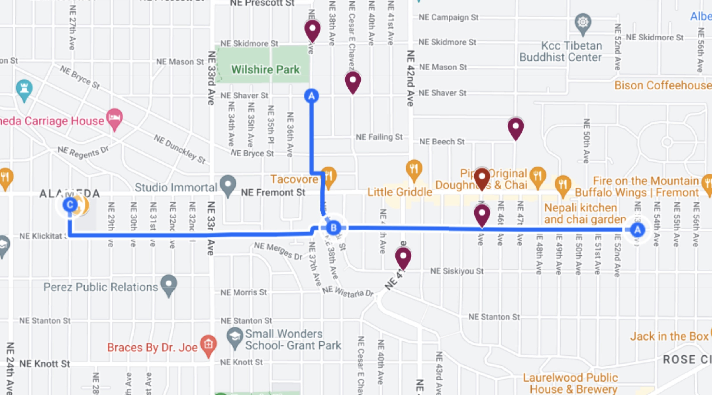 Map displaying the bike bus route with marked school bus stops in Portland.