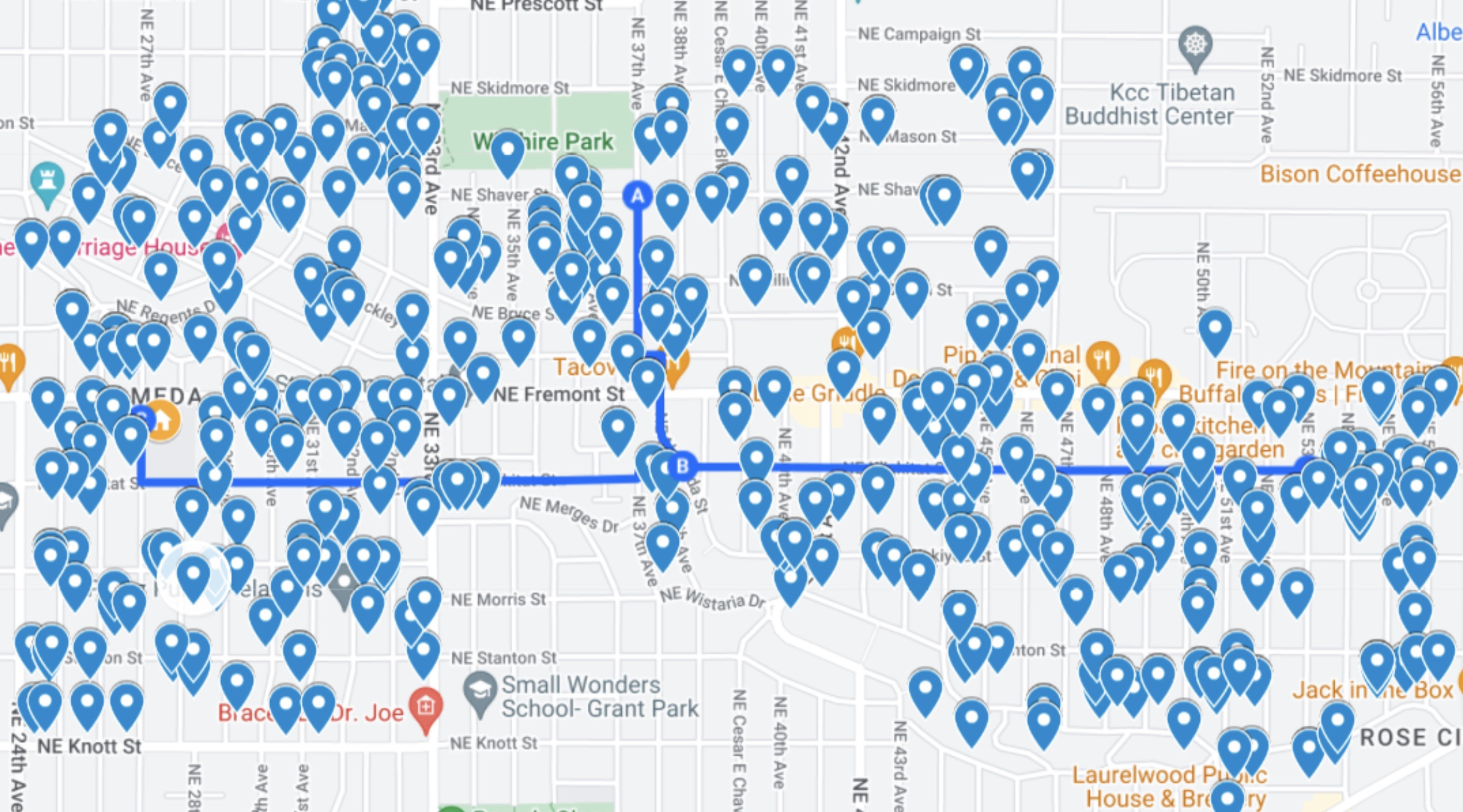 Map showing student home addresses in relation to the bike bus route in Portland.