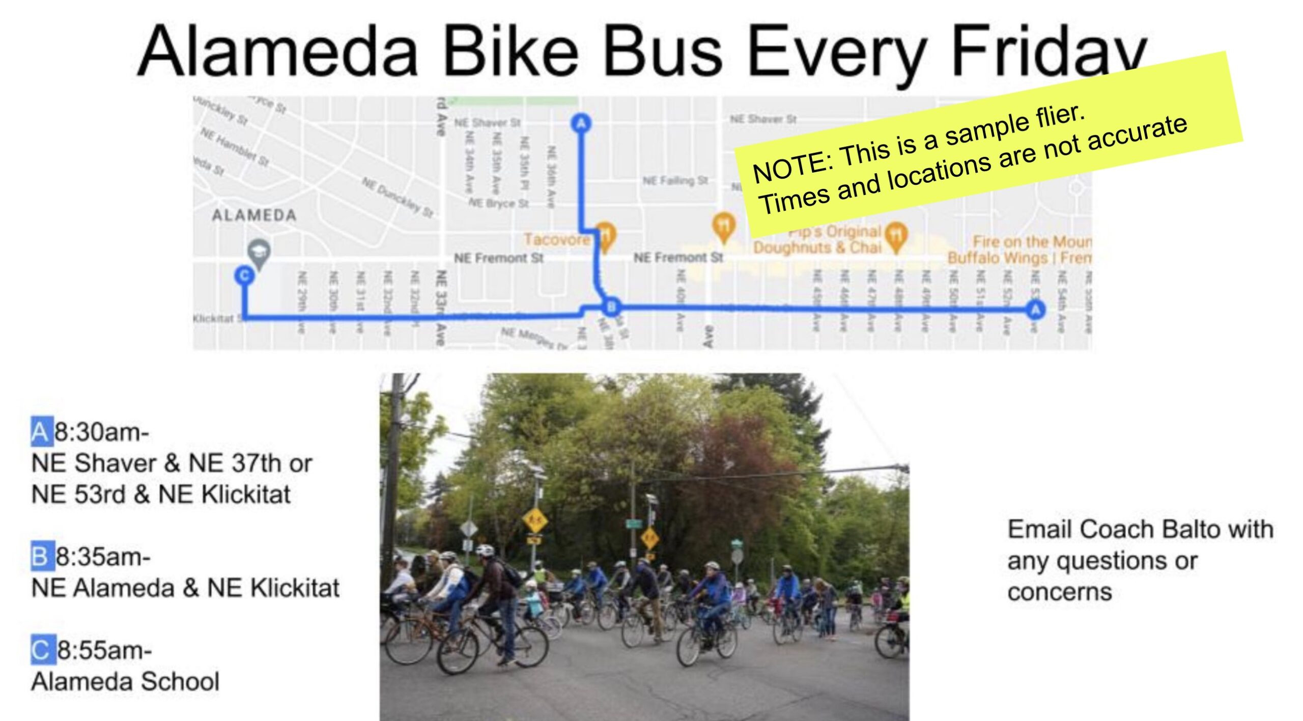 Sample flyer promoting the bike bus, designed by Sam Balto for community outreach in Portland.