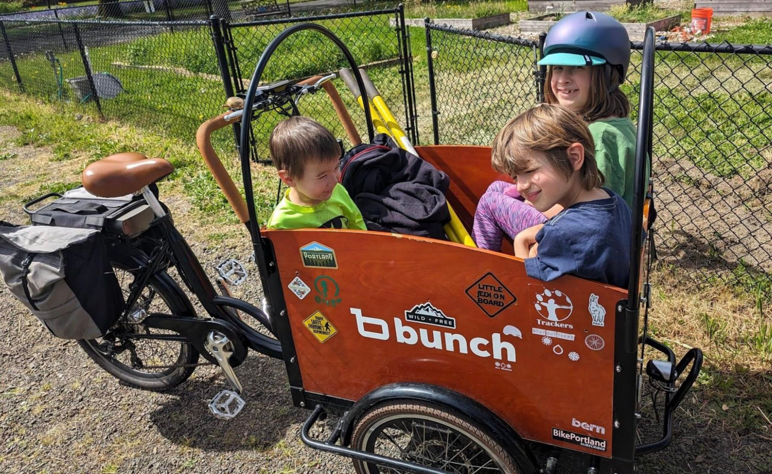 Electric trike with a large front cargo box, parked on a paved path, representing the option to keep the current family bike.