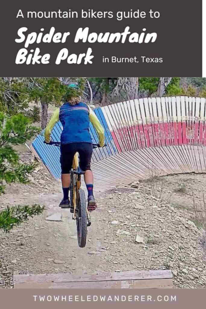Pinterest image of a mountain biker jumping off a ramp. Text overlay: &quot;Plan Your Adventure: Spider Mountain Bike Park - Hours, Trails, Rentals, &amp; More&quot;