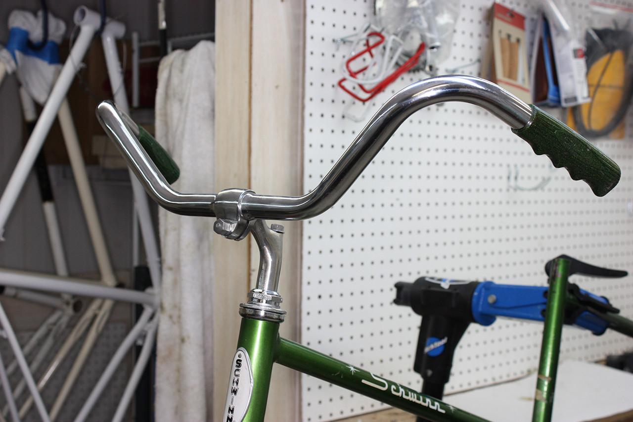 Stem and handlebars installed on the vintage Schwinn tandem, completing the steering component restoration.