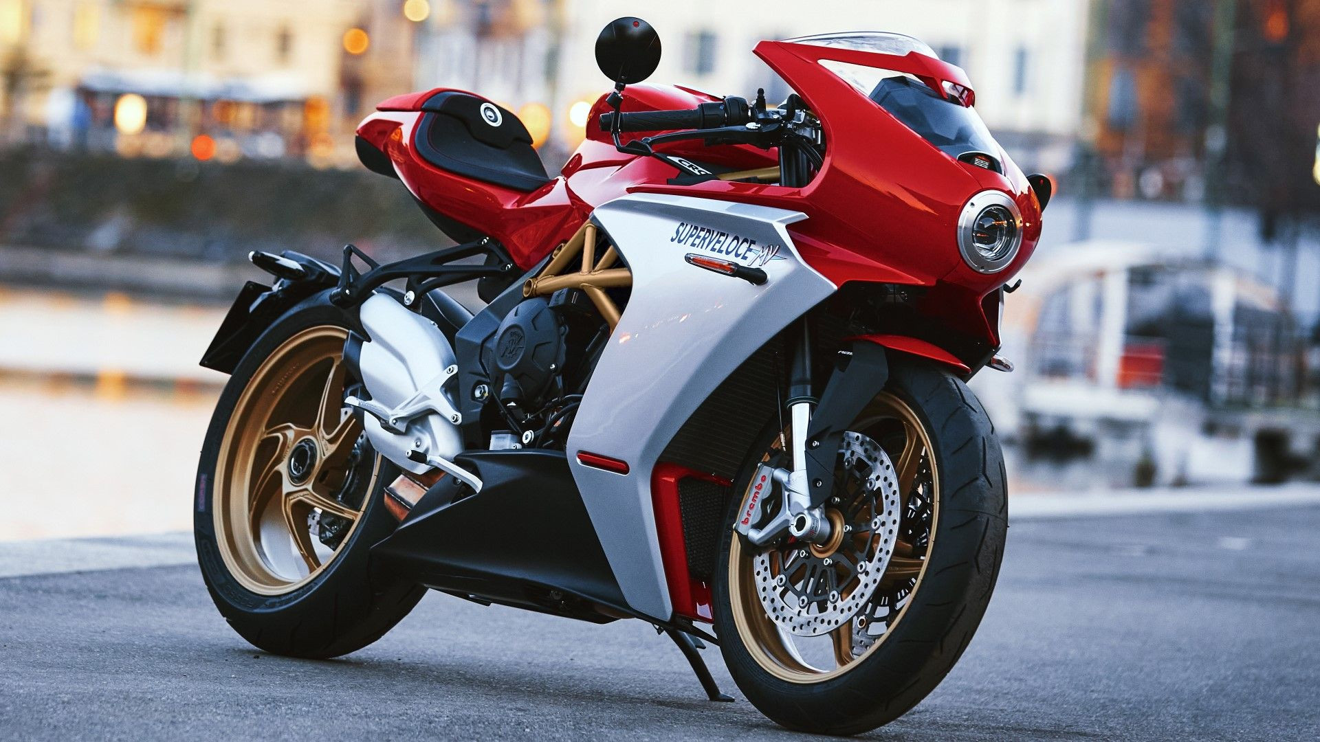 MV Agusta Superveloce 800 front third quarter view, parked and highlighting its retro-inspired design and modern components
