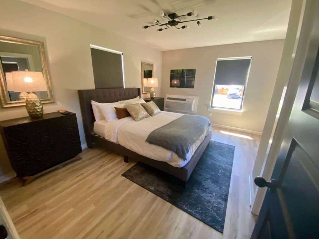 Hotel bedroom suite at the Bike Inn Bentonville in Arkansas