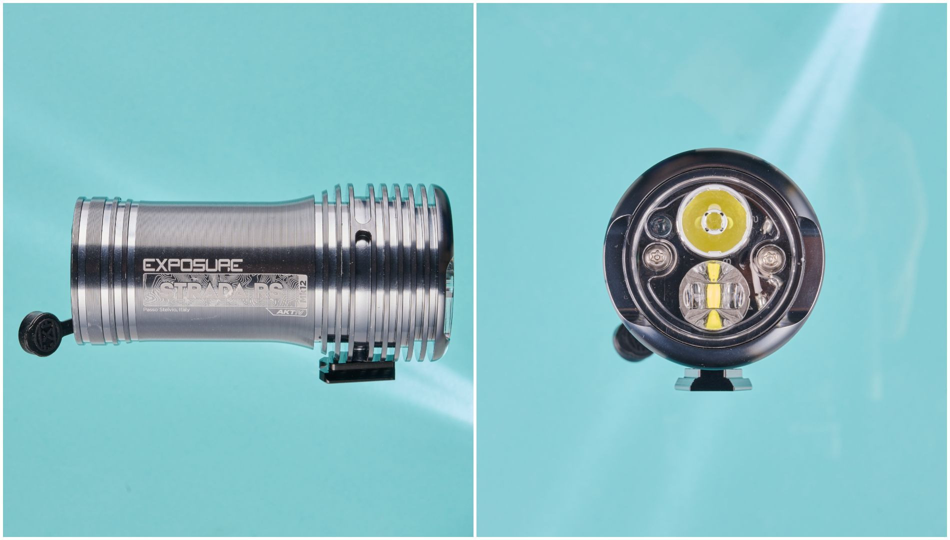Side and front view of the Exposure Strada MK12 RS AKTiv front bike light, highlighting its robust construction