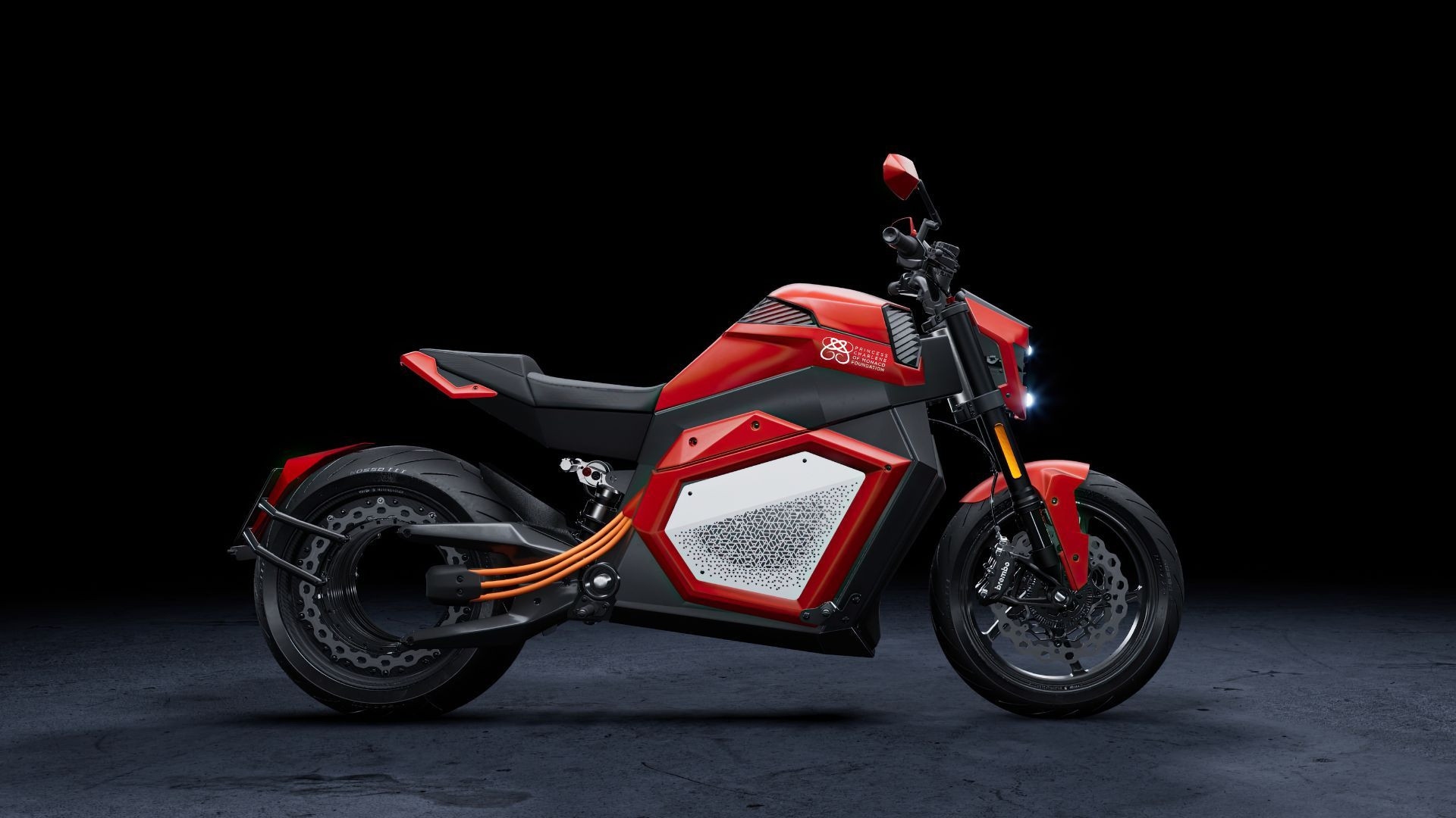 Angled side view of a red Verge TS Ultra electric motorbike