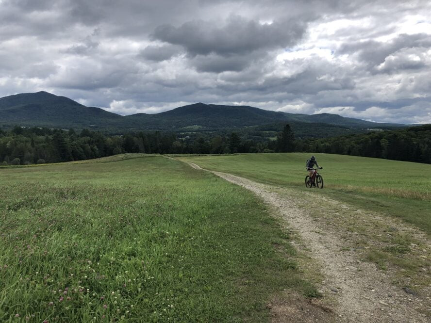 A friend enjoying a leisurely ride through a wildflower meadow on an easier trail within Kingdom Trails, showcasing the gentle and scenic options perfect for beginner mountain bikers.