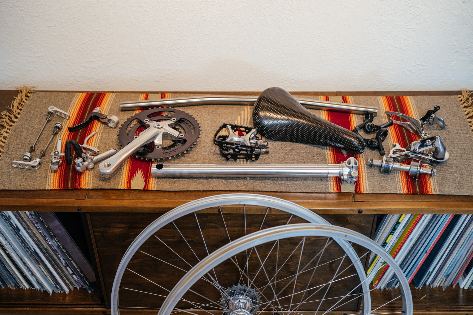 Close-up of vintage bicycle components, possibly Suntour XC Pro, with a focus on polished metal and classic design