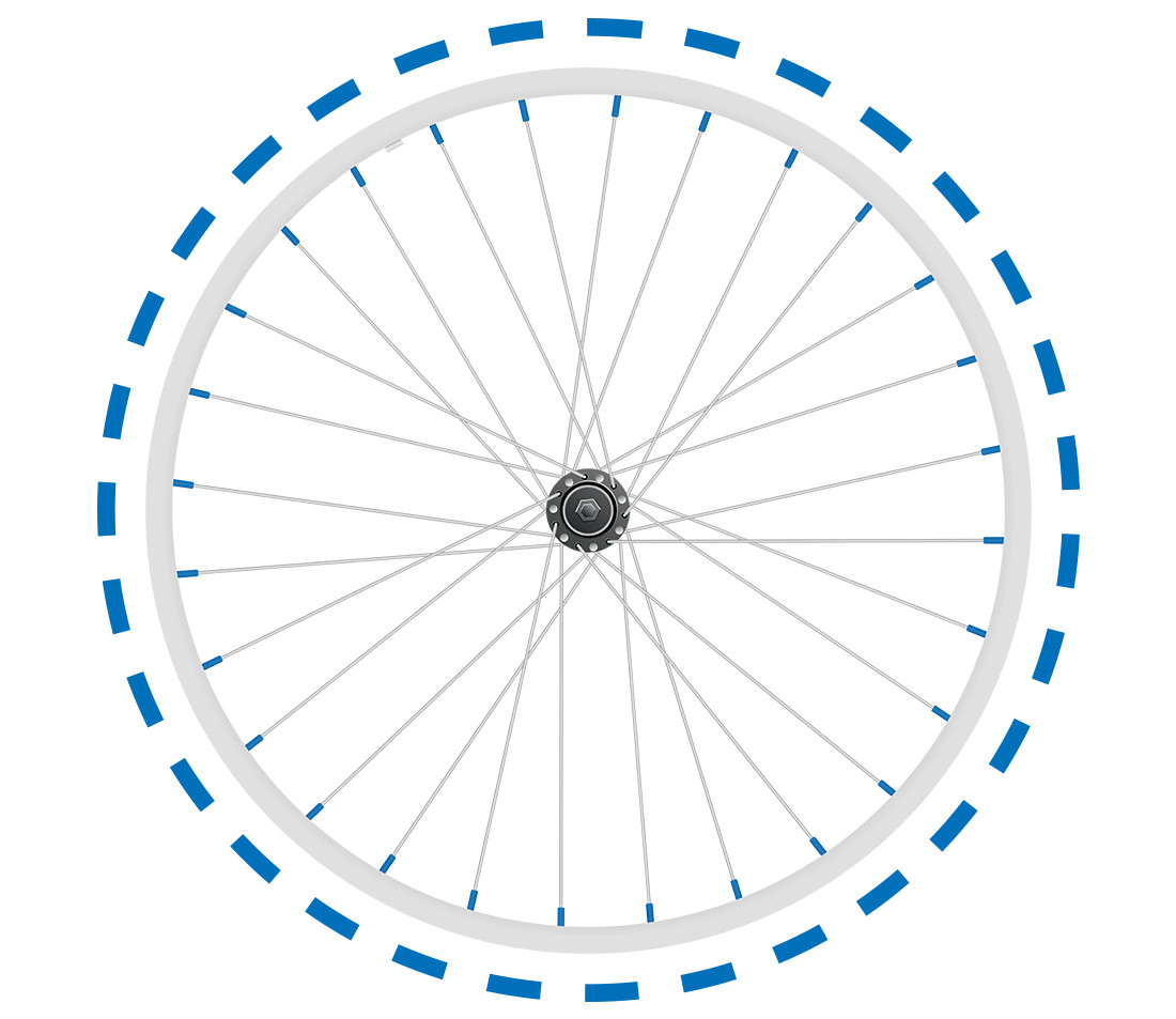 Side view of bicycle wheel with circular axis along its circumference showing how radial deviance is measured