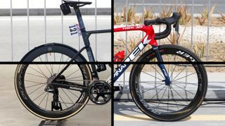 A collection of four distinct road bikes displayed closely together.