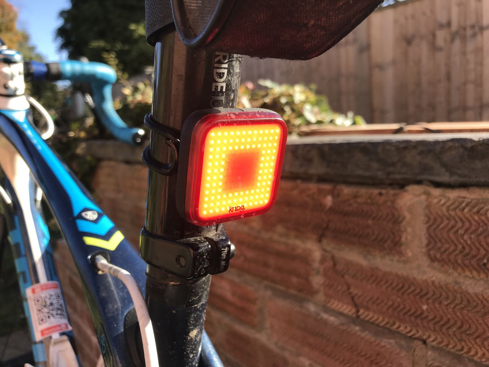 Knog Blinder Square rear light mounted to a bike, highlighting its unique square design