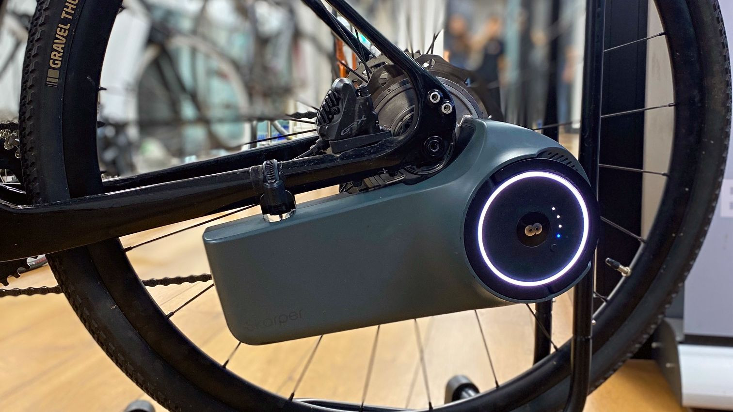 Skarper ebike conversion kit mounted to the rear triangle of a bicycle