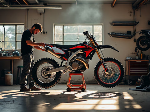 A mechanic replacing a stock exhaust system with a lightweight aftermarket system