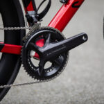 Close-up of Canyon Ultimate CF SL 8 Aero road bike cranks, showcasing their design and integration with the bike frame