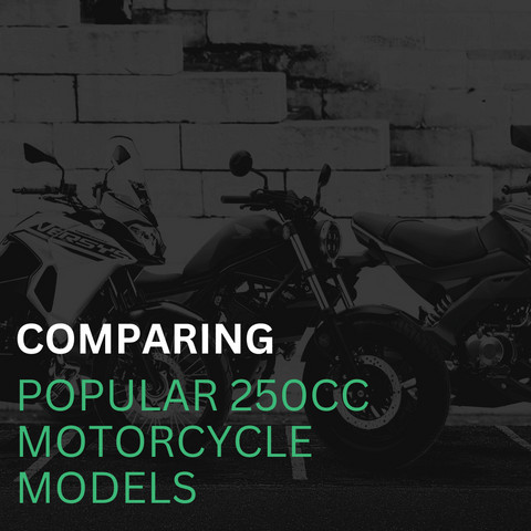 A row of various 250cc motorcycles, including sport bikes, cruisers, and naked bikes, highlighting their diverse designs and styles