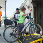 Transporting a bike by train.