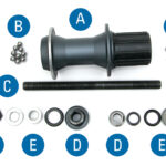 Parts of a common Shimano® rear hub: (A) Hub shell, (B) Ball Bearings, (C) Axle, (D) Cones, (E) Washers/Spacers, (F) Locknuts, (G) Rubber Seal