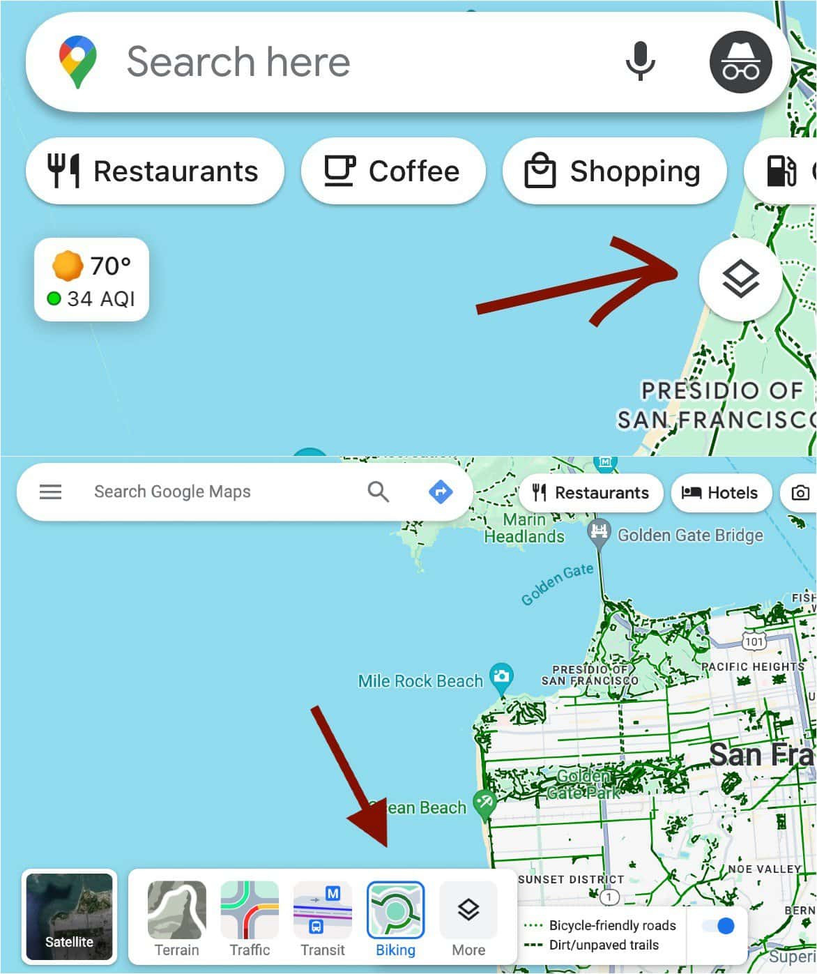 How to access layers on mobile (top) and desktop after a hover (bottom)