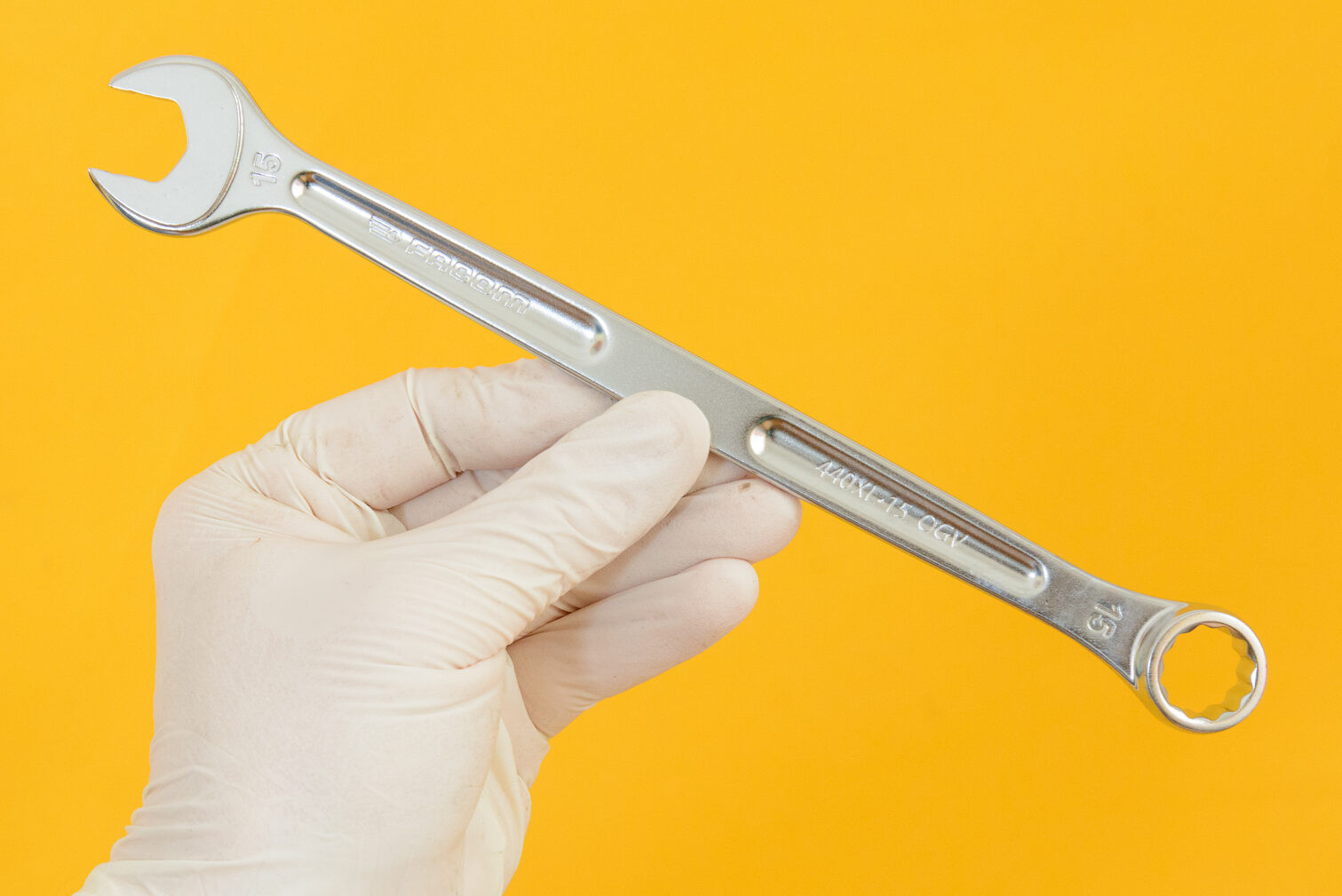 Close-up of a 15mm spanner used for bike pedal removal