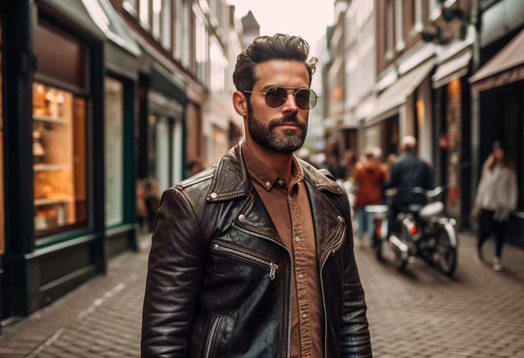 Man in black biker jacket with blue jeans and white t-shirt exudes classic cool.