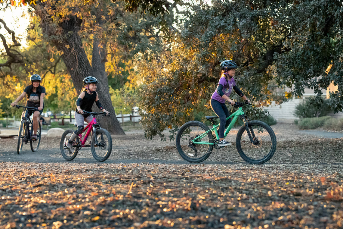 A family riding bikes together on a sunny day, highlighting the joy and community aspect of cycling