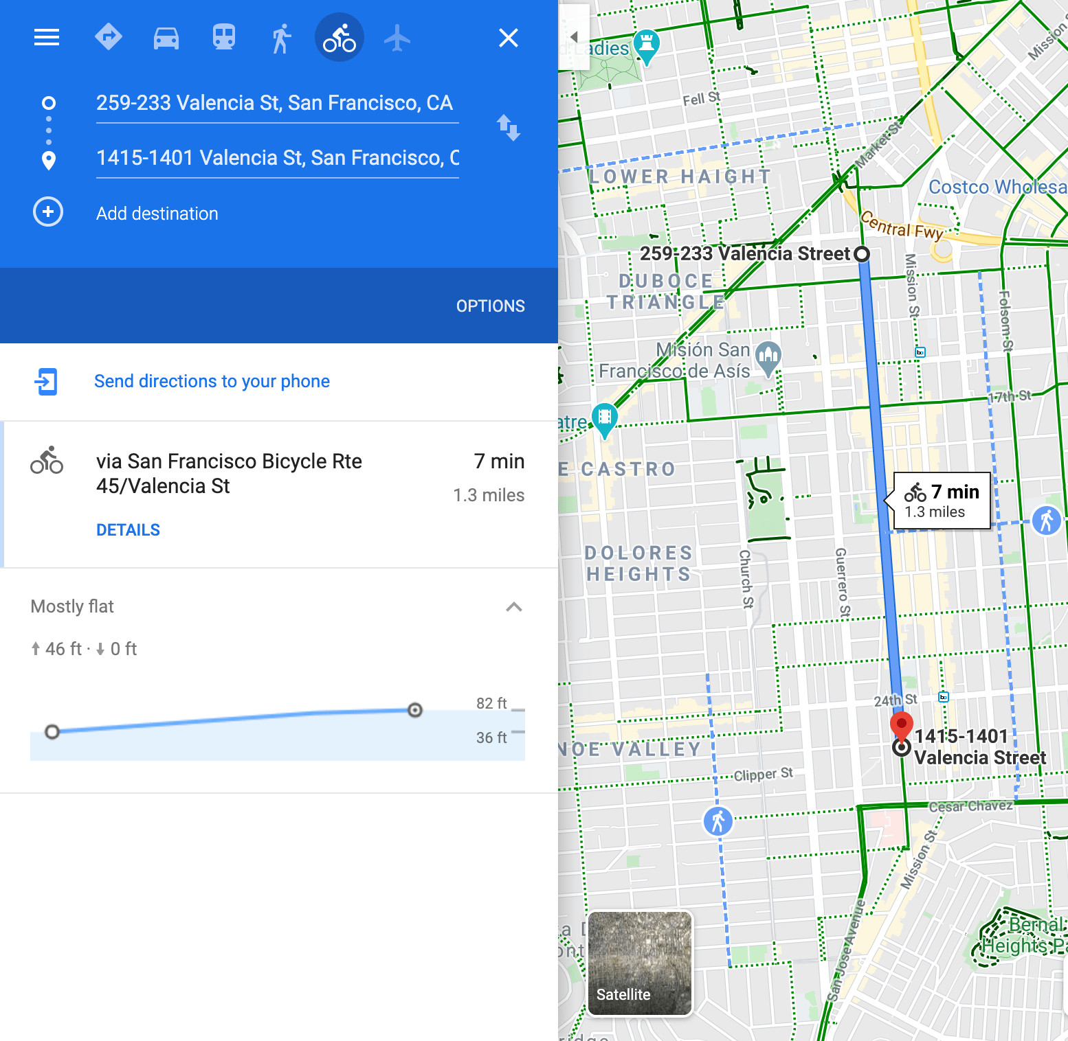 Showing the slight, but existing hill on Valencia Street in San Francisco on Google Maps.